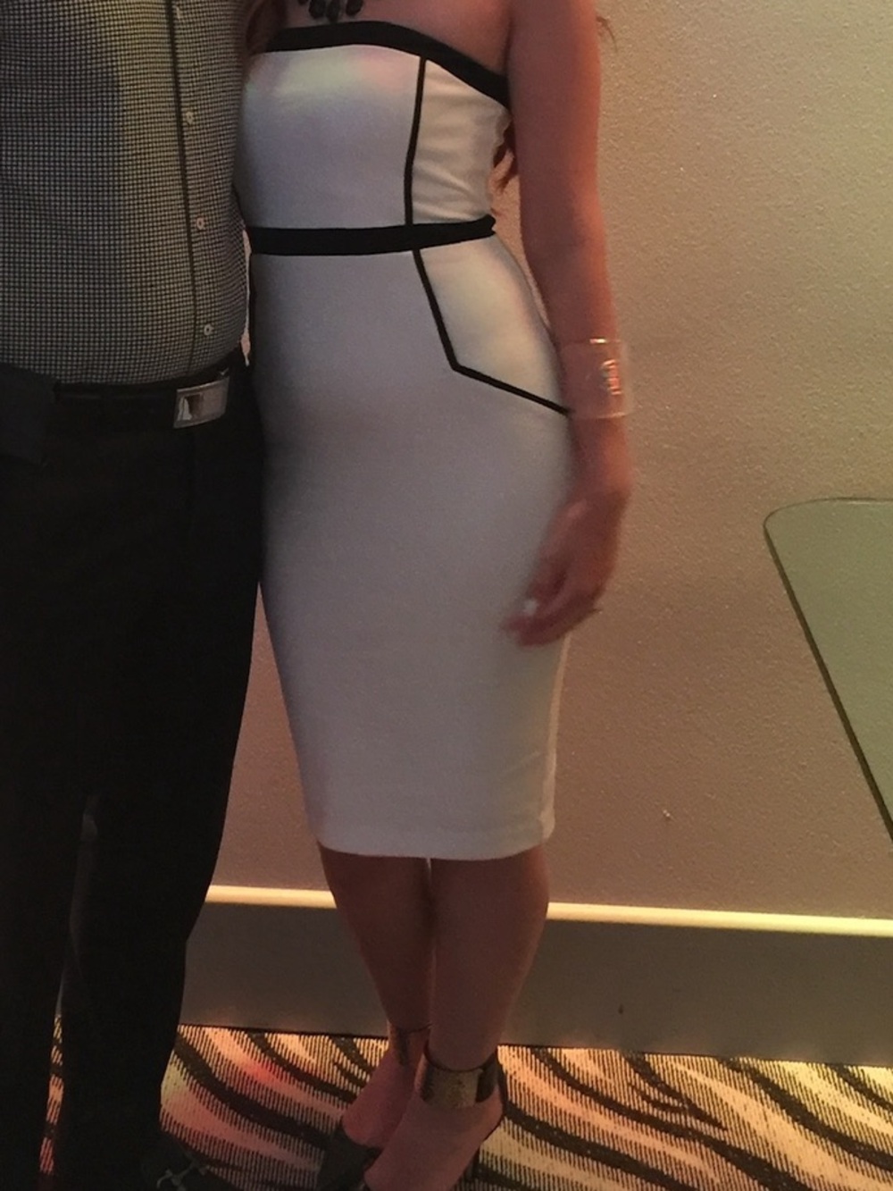 Express Strapless White Sheath Dress with Black Piping